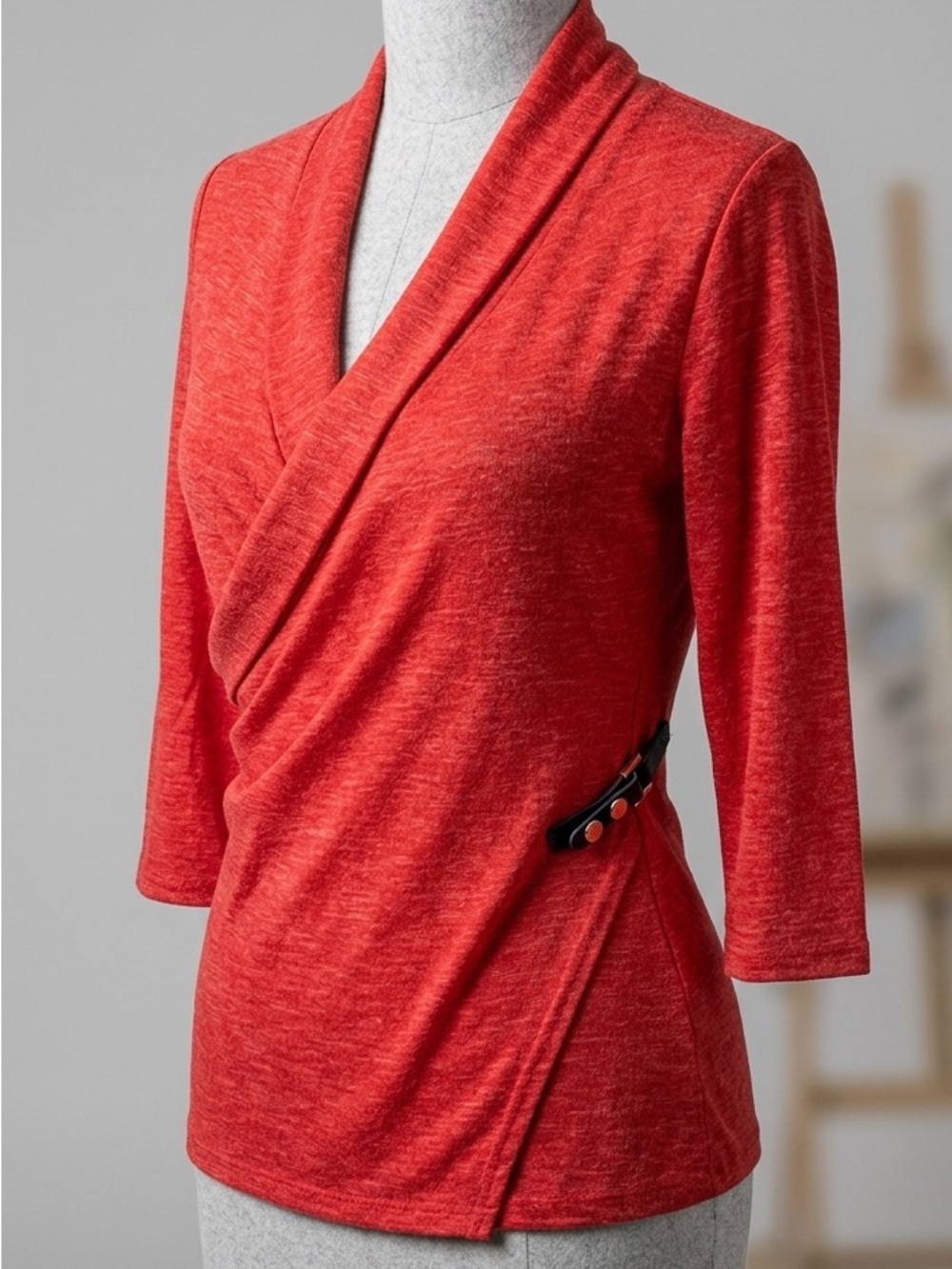 Michael Tyler Red 3/4 Sleeve Wrap Top V-Neck Sz S